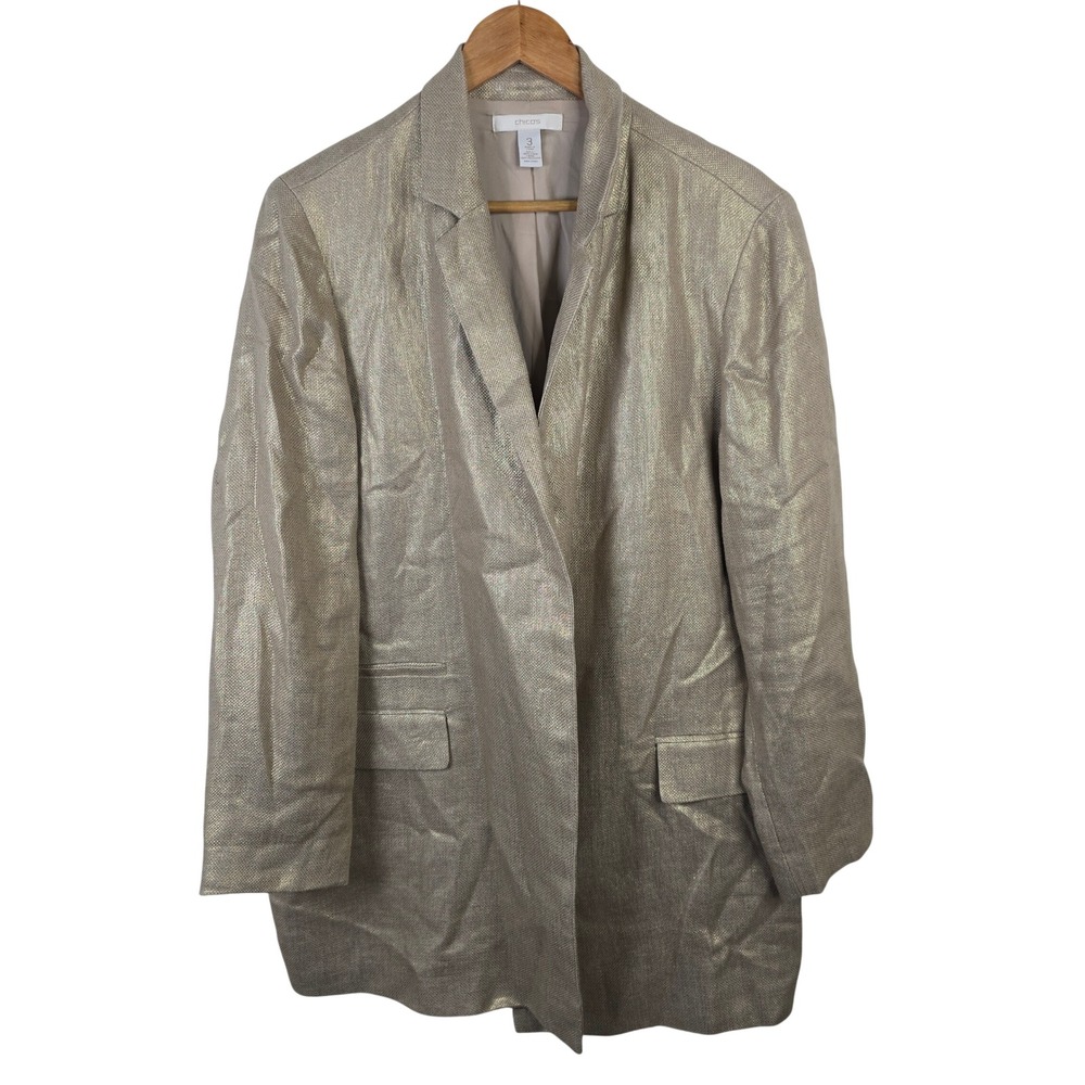 Chicos Gold Metallic Linen Longline Blazer Jacket Size 3 XL Open Front Shimmer